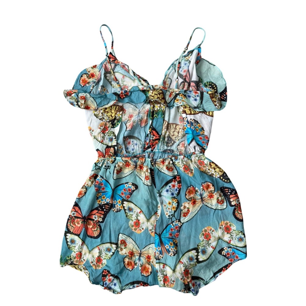 FARM Rio Butterfly Floral Ruffle Open Back Romper Blue Small - Picture 7 of 8